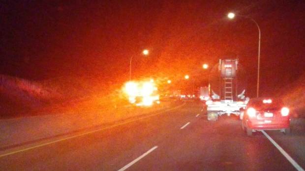 Trans-Canada Highway reopened in Kamloops after truck fire injures 2