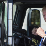Donald Trump seated in a truck, symbolizing discussions around proposed tariffs and their potential impact on trucking and the North American economy.