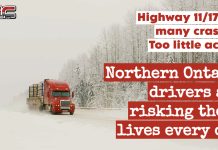 Ontario’s Highway 11-17: Crashes, Broken Lives… and Government Neglect Image showing a transport truck on Highway 11-17 in Northern Ontario, highlighting dangerous conditions and inadequate training concerns in the Canadian trucking industry.