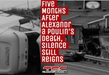 Alexandra Poulin accident scene, 26, who died after her car was hit by an overloaded truck in Vallée-Jonction. The tragedy sparked calls for greater road safety, still unanswered five months later