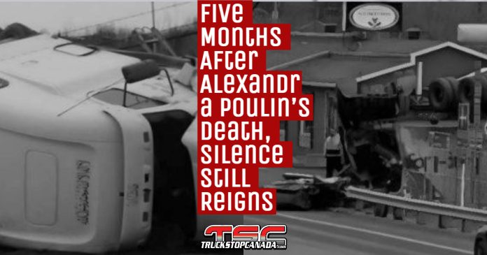 Alexandra Poulin accident scene, 26, who died after her car was hit by an overloaded truck in Vallée-Jonction. The tragedy sparked calls for greater road safety, still unanswered five months later