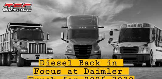 Diesel Back in Focus at Daimler Truck for 2025–2030. (Daimler trucks parked side by side in a lot, showcasing the company's commercial vehicle lineup.)