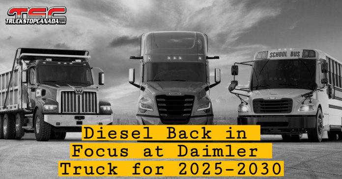Diesel Back in Focus at Daimler Truck for 2025–2030. (Daimler trucks parked side by side in a lot, showcasing the company's commercial vehicle lineup.)