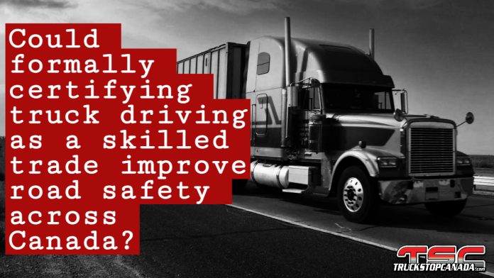 A semi-truck driving along a Canadian highway, symbolizing the national scope of truck driver training and road safety standards.