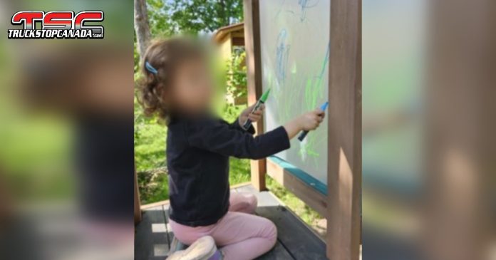 Photo of 3-year-old girl alongside an image of a grey 2007 Ford Escape with a “Baby on board!” sticker on the rear windshield. Both are central figures in an active police search.