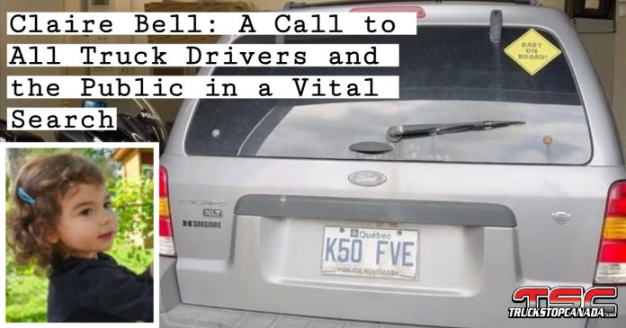 Photo of 3-year-old Claire Bell alongside an image of a grey 2007 Ford Escape with a “Baby on board!” sticker on the rear windshield. Both are central figures in an active police search.