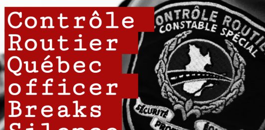 Close-up of a Contrôle routier Québec officer’s uniform sleeve showing the official badge logo, symbolizing authority and road safety enforcement in the commercial transport sector.