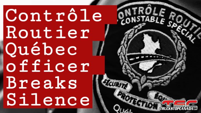 Close-up of a Contrôle routier Québec officer’s uniform sleeve showing the official badge logo, symbolizing authority and road safety enforcement in the commercial transport sector.