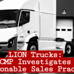 A Lion electric truck parked in front of Lion Electric's headquarters building.