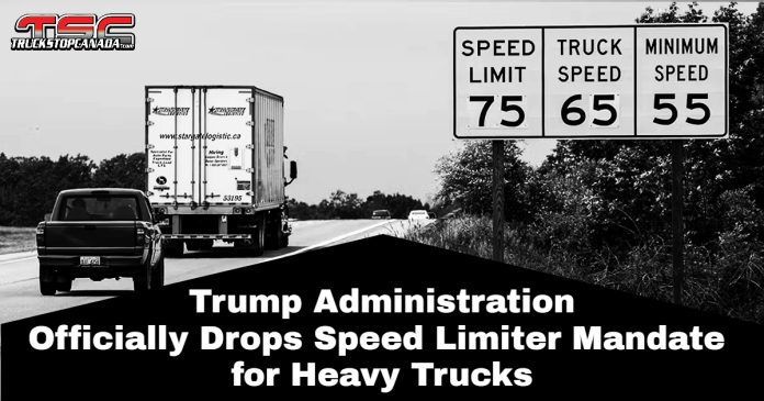 Image of a U.S. highway with semi-trucks in motion, symbolizing the end of the speed limiter proposal for heavy trucks under the Trump administration.