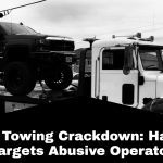 Tow truck parked on a road in Ontario, illustrating the issue of illegal towing in the province.