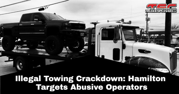 Tow truck parked on a road in Ontario, illustrating the issue of illegal towing in the province.