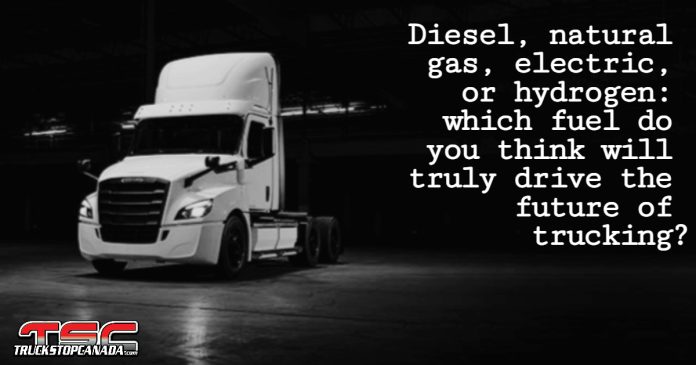 A Freightliner eCascadia electric truck parked in an industrial setting, representing the future of zero-emission trucking. Text on image: “Diesel, natural gas, electric, or hydrogen: which fuel will truly drive the future of trucking?”