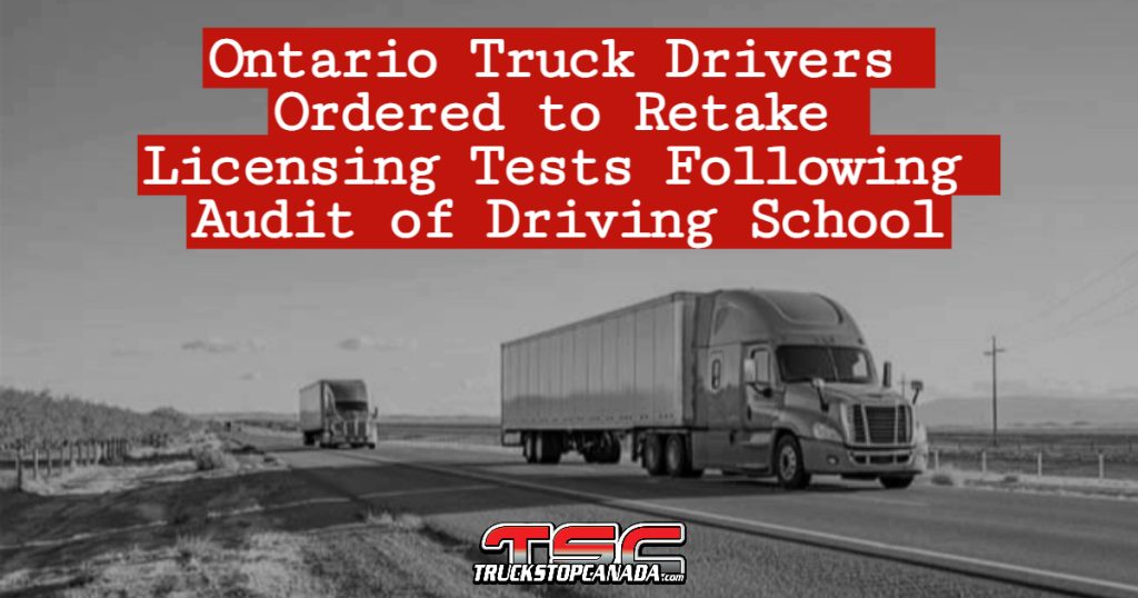 Two semi-trucks driving down the highway under a blue sky, with a headline overlay about Ontario truck drivers being required to retake their licensing exams.