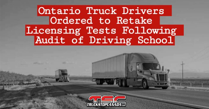 Two semi-trucks driving down the highway under a blue sky, with a headline overlay about Ontario truck drivers being required to retake their licensing exams.