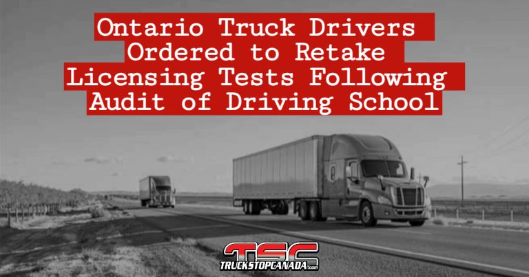 Two semi-trucks driving down the highway under a blue sky, with a headline overlay about Ontario truck drivers being required to retake their licensing exams.