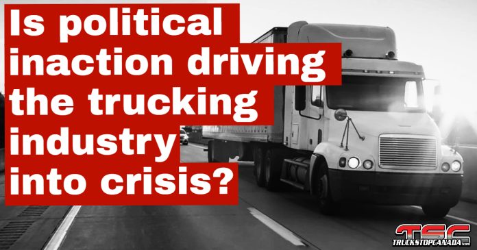 Faced with tariffs, Driver Inc. and double brokering, the trucking sector struggles while elected officials dodge their responsibilities, symbolized by trucks on the highway (image).