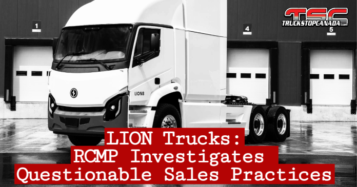 A Lion electric truck parked in front of Lion Electric's headquarters building.