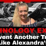Portrait of Alexandra Poulin in front of the wreckage of a severe crash scene, with firefighters and emergency vehicles in the background, and the headline "Technology Exists to Prevent Another Tragedy Like Alexandra’s" from Truck Stop Canada.