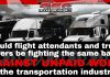 Flight attendants and truck drivers face the same challenge: unpaid work Image showing an airplane flying over a row of semi-trucks with the Truck Stop Canada logo, featuring the headline: “Should flight attendants and truck drivers be fighting the same battle against unpaid work in the transportation industry?”
