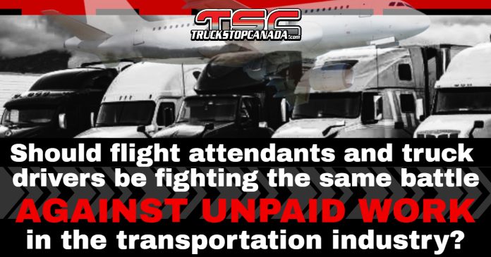 Image showing an airplane flying over a row of semi-trucks with the Truck Stop Canada logo, featuring the headline: “Should flight attendants and truck drivers be fighting the same battle against unpaid work in the transportation industry?”