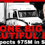 Alain Bédard, CEO of TFI International, smiling in front of a white Freightliner semi-truck, with the headline “One Big Beautiful Bill – TFI Expects $75M in Savings” from Truck Stop Canada.