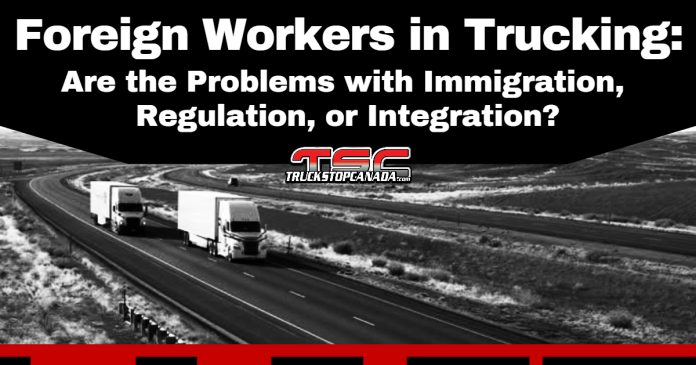 Two semi-trucks driving side by side on an open highway, with the headline 
