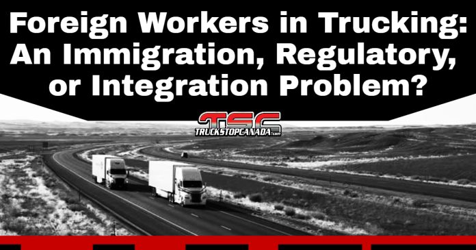 Two semi-trucks driving side by side on an open highway, with the headline 