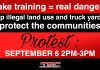Protest Scheduled for September 6 Against Dangerous Truck Drivers and Illegal Truck Yards Graphic with a red and black background announcing a protest. The text reads: “Fake training = real dangers. Stop illegal land use and truck yards = protect the communities. Protest: September 6, 2PM–3PM.” At the bottom, the TruckStopCanada.com logo is displayed.
