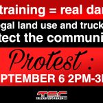 Graphic with a red and black background announcing a protest. The text reads: “Fake training = real dangers. Stop illegal land use and truck yards = protect the communities. Protest: September 6, 2PM–3PM.” At the bottom, the TruckStopCanada.com logo is displayed.