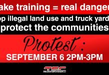 Protest Scheduled for September 6 Against Dangerous Truck Drivers and Illegal Truck Yards Graphic with a red and black background announcing a protest. The text reads: “Fake training = real dangers. Stop illegal land use and truck yards = protect the communities. Protest: September 6, 2PM–3PM.” At the bottom, the TruckStopCanada.com logo is displayed.
