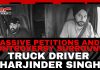 Massive Petitions and Controversy Surround Truck Driver Harjinder Singh Black-and-white dashboard camera images of truck driver Harjinder Singh inside his semi-truck, with bold headline text reading: “Massive Petitions and Controversy Surround Truck Driver Harjinder Singh,” published by TruckStopCanada.com.