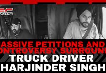 Massive Petitions and Controversy Surround Truck Driver Harjinder Singh Black-and-white dashboard camera images of truck driver Harjinder Singh inside his semi-truck, with bold headline text reading: “Massive Petitions and Controversy Surround Truck Driver Harjinder Singh,” published by TruckStopCanada.com.