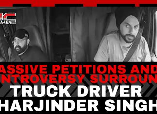 Massive Petitions and Controversy Surround Truck Driver Harjinder Singh Black-and-white dashboard camera images of truck driver Harjinder Singh inside his semi-truck, with bold headline text reading: “Massive Petitions and Controversy Surround Truck Driver Harjinder Singh,” published by TruckStopCanada.com.