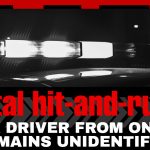 Black-and-white image of a police car with flashing emergency lights, overlaid with bold red and white headline text: “Fatal crash - hit-and-run: Truck driver from Ontario remains unidentified,” published by TruckStopCanada.com.