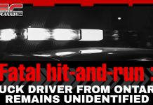 Suspect Released After Fatal Crash on Highway 20 Near Saint-Hyacinthe Black-and-white image of a police car with flashing emergency lights, overlaid with bold red and white headline text: “Fatal crash - hit-and-run: Truck driver from Ontario remains unidentified,” published by TruckStopCanada.com.