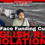 Trucking : Image showing former President Donald Trump, U.S. Transportation Secretary Sean P. Duffy, and a truck driver on a highway backdrop, with bold headline text reading “States Face Funding Cuts Over English Rule Violations.”