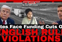 Trucking in the U.S.: States Face Funding Cuts Over English Rule Violations Trucking : Image showing former President Donald Trump, U.S. Transportation Secretary Sean P. Duffy, and a truck driver on a highway backdrop, with bold headline text reading “States Face Funding Cuts Over English Rule Violations.”