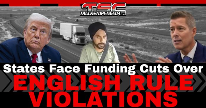 Trucking : Image showing former President Donald Trump, U.S. Transportation Secretary Sean P. Duffy, and a truck driver on a highway backdrop, with bold headline text reading “States Face Funding Cuts Over English Rule Violations.”