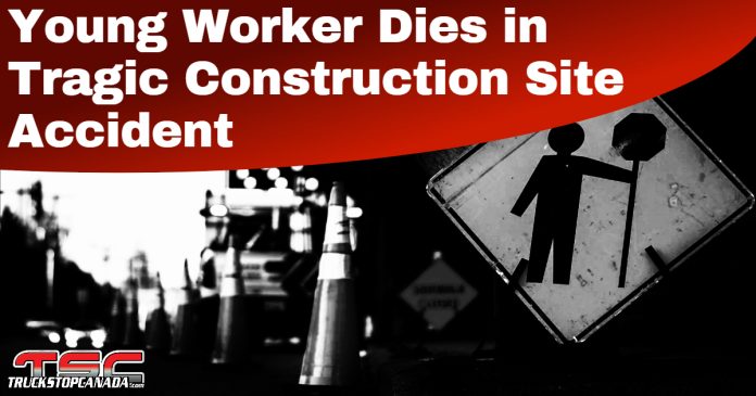 Traffic cones and construction signs at a roadwork site at night, with a somber black and white tone; overlay text reads “Young worker dies on construction site.” Logo of Truck Stop Canada is visible at the bottom.