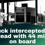 Black and white photo of a border checkpoint with surveillance cameras and inspection booths at the Stanstead border crossing, featuring the Truck Stop Canada logo and headline: “Truck intercepted in Stanstead with 44 migrants on board.”