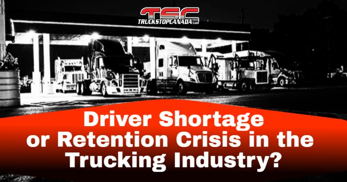 Black and white image showing several heavy trucks parked under a well-lit service area at night. At the top, the red and white Truck Stop Canada logo is visible. At the bottom, a red and black banner displays the question: “Driver Shortage or Retention Crisis in the Trucking Industry?”