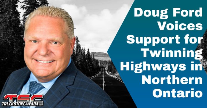 Doug Ford in front of a Northern Ontario highway, with the text 