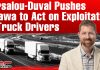 Bloc Québécois Pushes Ottawa to Act on Exploitation of Truck Drivers Graphic with red background showing the headline “Barsalou-Duval Pushes Ottawa to Act on Exploitation of Truck Drivers.” The image includes two semi-trucks driving on a divided highway in winter conditions, with a portrait of Xavier Barsalou-Duval from the Bloc Québécois, smiling in a beige jacket on the right side. The Truck Stop Canada logo appears at the bottom left.