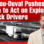 Graphic with red background showing the headline “Barsalou-Duval Pushes Ottawa to Act on Exploitation of Truck Drivers.” The image includes two semi-trucks driving on a divided highway in winter conditions, with a portrait of Xavier Barsalou-Duval from the Bloc Québécois, smiling in a beige jacket on the right side. The Truck Stop Canada logo appears at the bottom left.