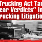 Graphic with a red background and bold white headline that reads: “FAIR Trucking Act Targets ‘Nuclear Verdicts’ in U.S. Trucking Litigation.” Below, a black semi-truck is shown driving in snowy conditions with another blurred truck in the background. The Truck Stop Canada logo appears in the bottom right corner.