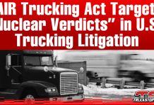 FAIR Trucking Act Targets “Nuclear Verdicts” in U.S. Trucking Litigation Graphic with a red background and bold white headline that reads: “FAIR Trucking Act Targets ‘Nuclear Verdicts’ in U.S. Trucking Litigation.” Below, a black semi-truck is shown driving in snowy conditions with another blurred truck in the background. The Truck Stop Canada logo appears in the bottom right corner.