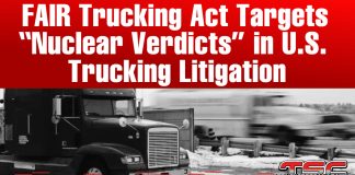 FAIR Trucking Act Targets “Nuclear Verdicts” in U.S. Trucking Litigation Graphic with a red background and bold white headline that reads: “FAIR Trucking Act Targets ‘Nuclear Verdicts’ in U.S. Trucking Litigation.” Below, a black semi-truck is shown driving in snowy conditions with another blurred truck in the background. The Truck Stop Canada logo appears in the bottom right corner.