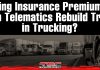 Rising Insurance Premiums: Can Telematics Rebuild Trust in Trucking? "Lineup of semi-trucks parked side by side on a highway with bold headline text: Rising Insurance Premiums: Can Telematics Rebuild Trust in Trucking?"