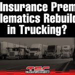 "Lineup of semi-trucks parked side by side on a highway with bold headline text: Rising Insurance Premiums: Can Telematics Rebuild Trust in Trucking?"